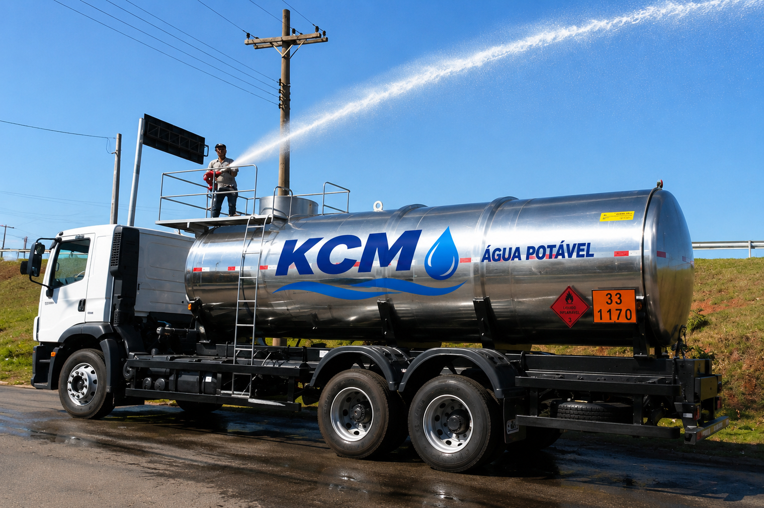 Caminhão pipa KCM cromado em operação